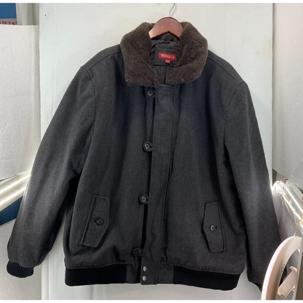 Merona Mens Wool & Polyester Winter Jacket XXL With Faux Fur Collar